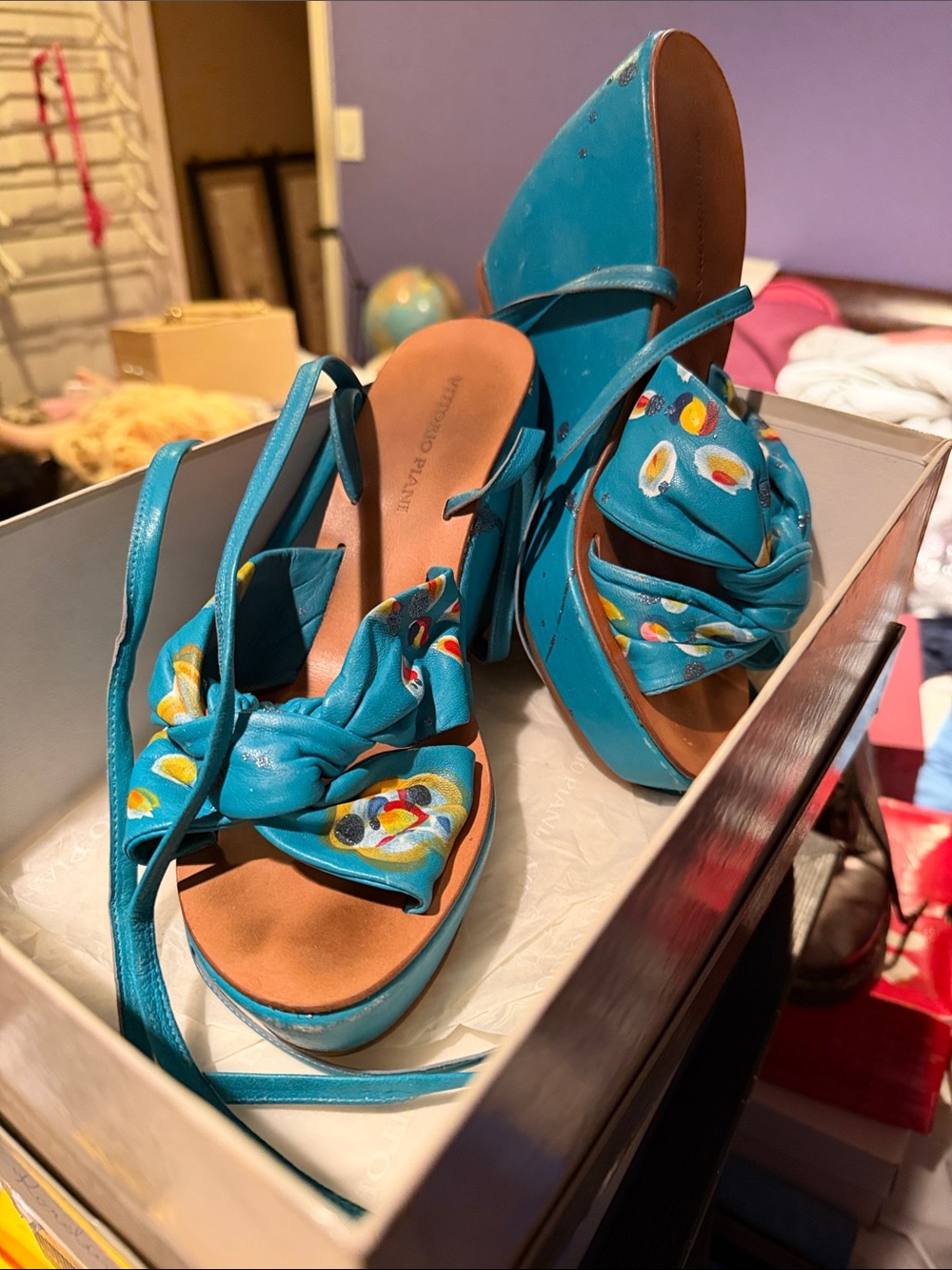 Vittorio Piani Turquoise Knotted Platform Sandals with Multicolor Accents